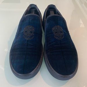 Blue checkered Alexander McQueen Plimsoll Slip-On Crystal Sneakers.